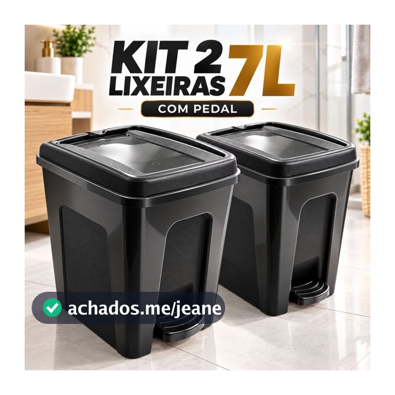 Kit 2 Lixeiras 7 Litros com Pedal e Tampa Preta para Banheiro Cozinha Escritório Lavanderia