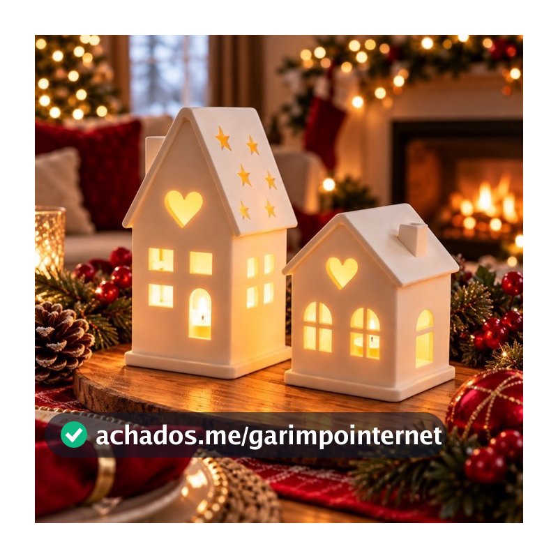 Kit 2 Casinhas de Natal com Luz LED e Vela Inclusa 10 cm e 7 cm Enfeite de Mesa Aparador Vila Natalina