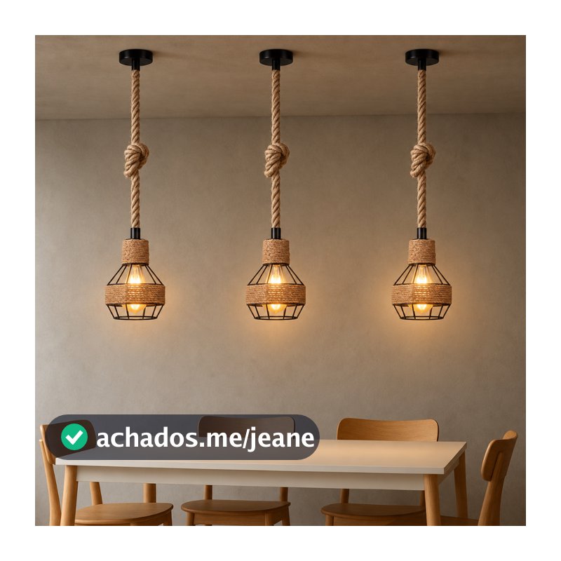 Luminária de Corda de Sisal Cabeça única Pendente Cordão Estilo Industrial Rústico Ideal p/ Bar Balcões Mesas de jantar