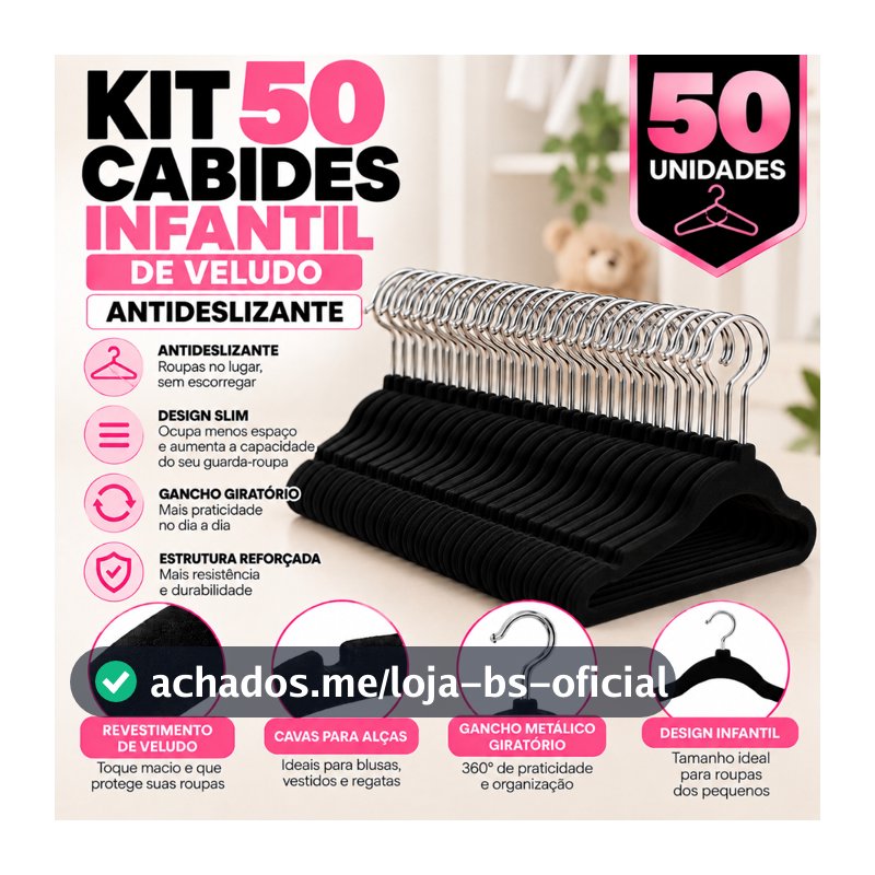 Cabide de Veludo Slim Antideslizante Preto Infantil Kit 10 20 30 40 ou 50 Unidades Gancho Metálico