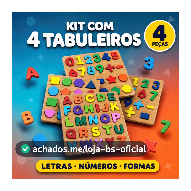 Brinquedo Educativo Tabuleiros Madeira Alfabeto Números Formas Geométricas Encaixe Infantil