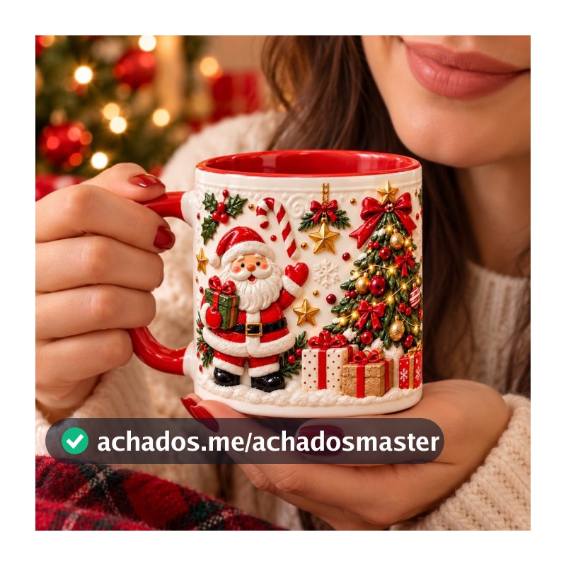 Caneca de Natal Vermelha Decorada com Casinha de Gengibre e Árvore Natalina