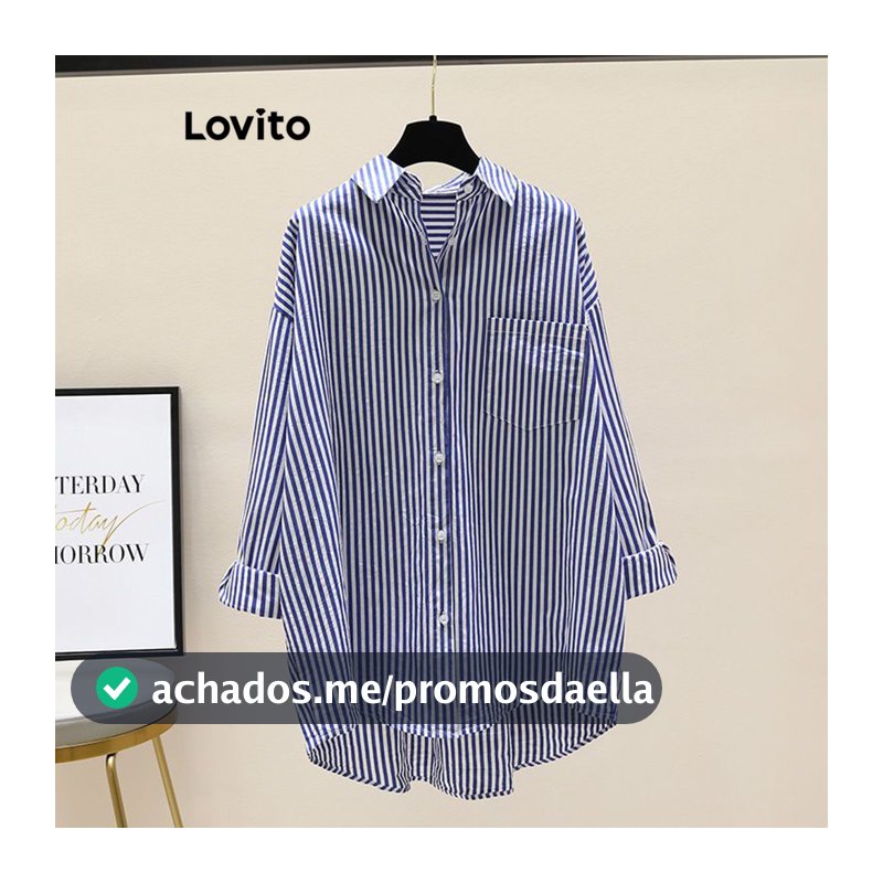 Lovito Casual Blusa Grande Caimento Solto Mangas Compridas Listrada Botão Outono Inverno Blusa Feminina LNL69188