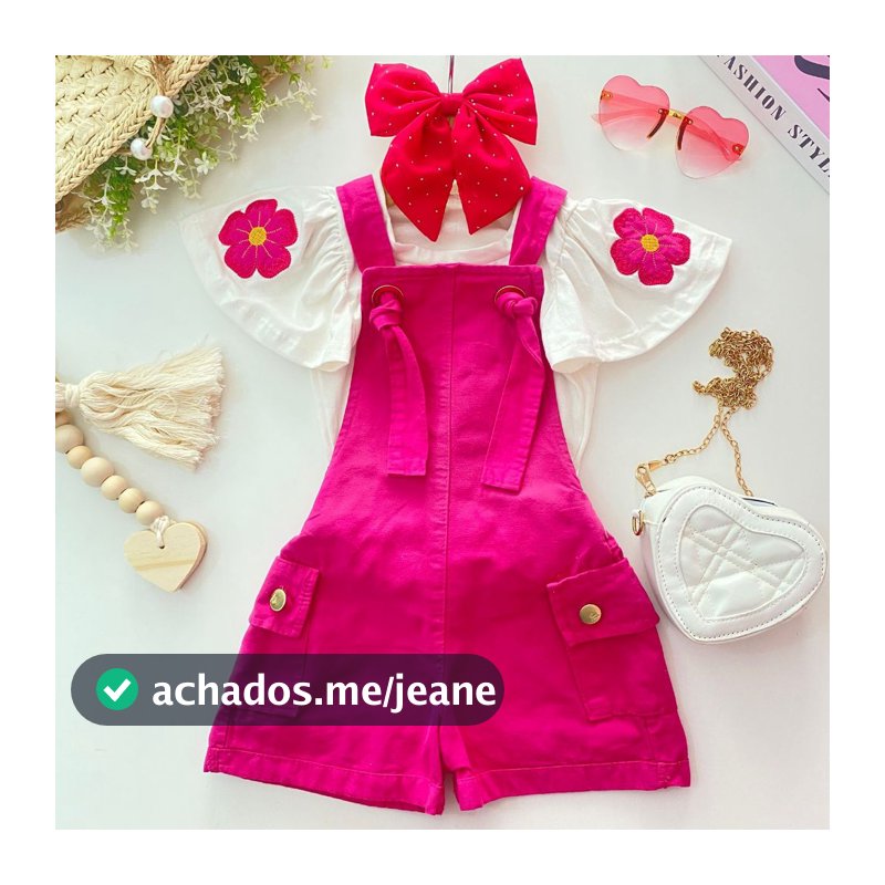 Conjunto Infantil Jardineira Jeans Short C/Blusa Flor Bordada Luxo Menina Blogueirinha Fashion Diva