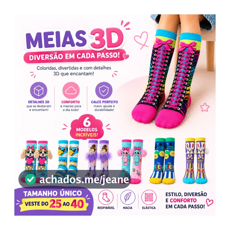 Meia 3D Divertida Infantil e Adulto Modelos Coloridos e Criativos Tamanho Único do 25 ao 40