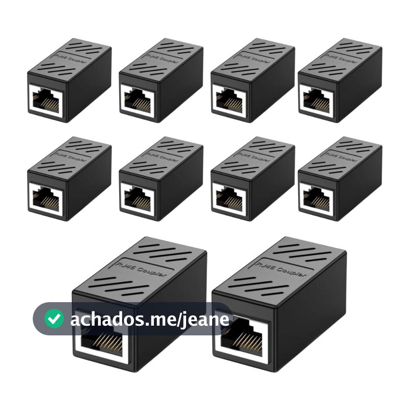 10x Adaptador Emenda Rj45 Extensor Cat5, Cat6, Cat7, Rede Ethernet Conector Blindado preto