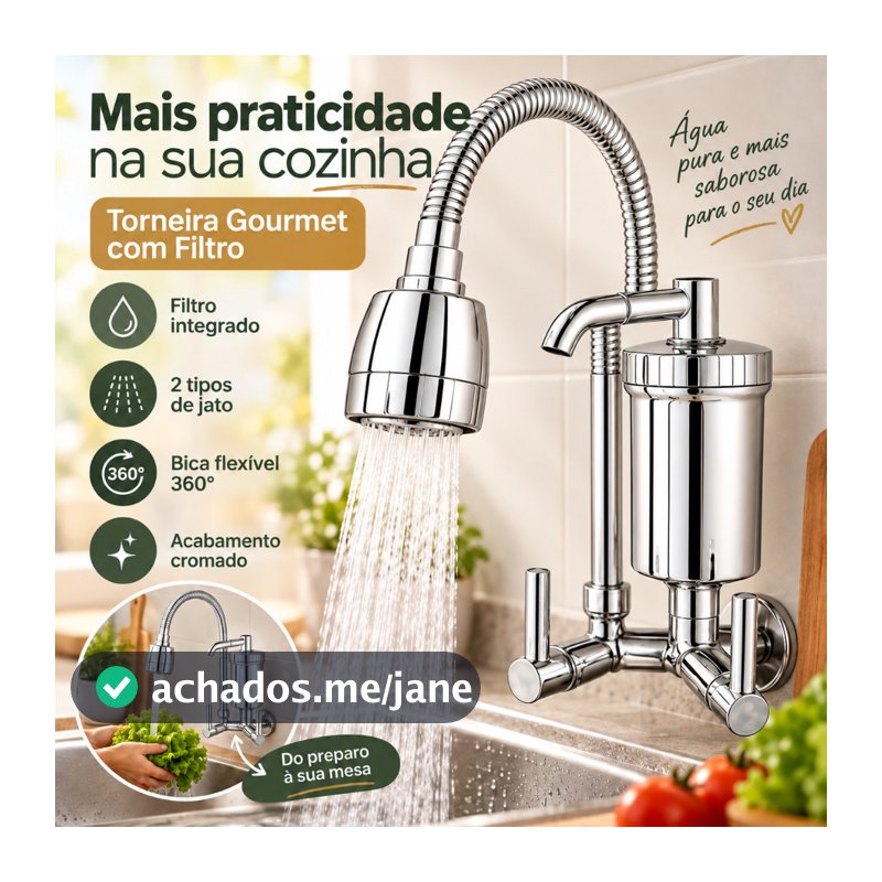 Torneira Gourmet Filtro de Parede Cozinha Flexível Jato Duplo Cromada Luxo 1/4 de volta