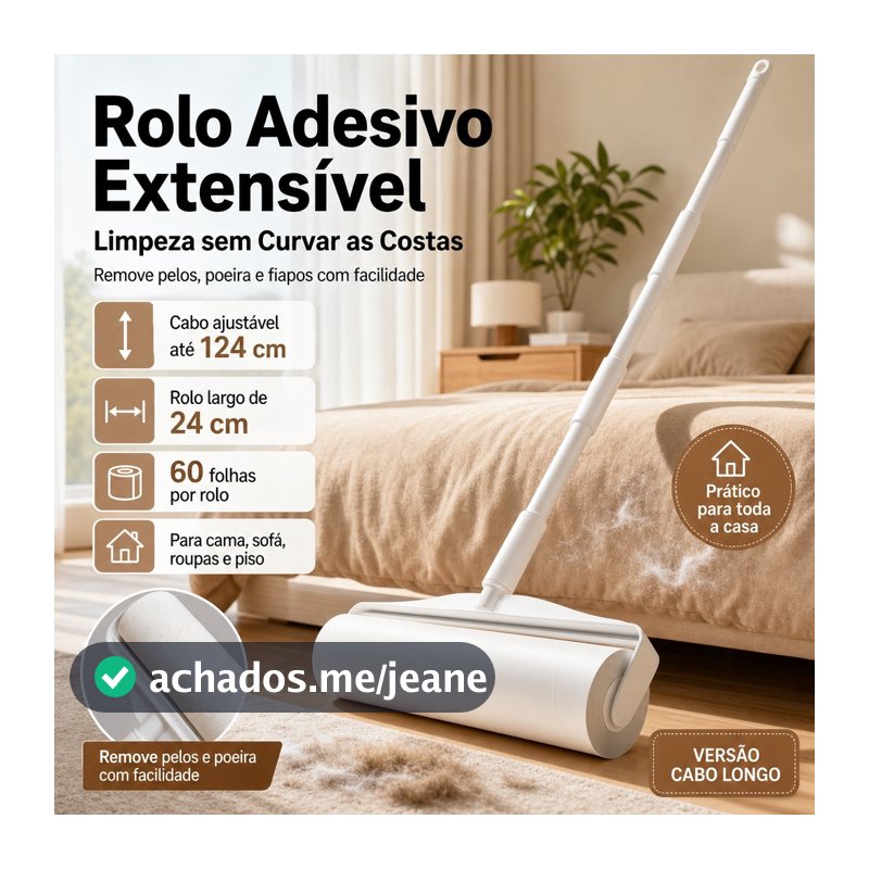 Rolo Adesivo Tira Pelos Lavável Cabo Telescópico 124cm Extensível Grande Limpeza de Chão Tapete Sofa