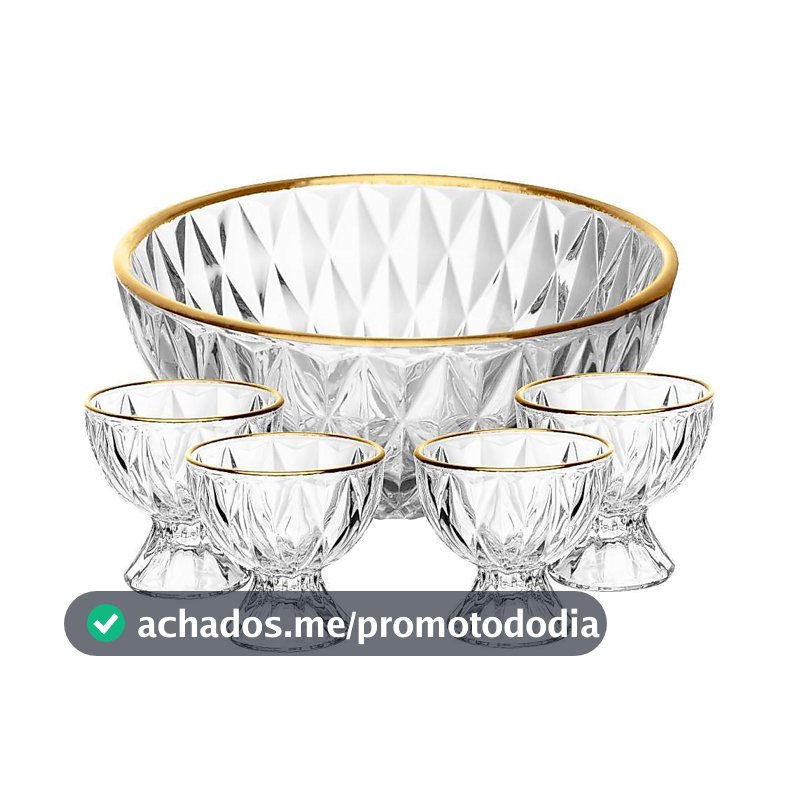 Conjunto 1 Bowl 1L e 4 Taças 120ml Diamond Lyor Cristal com Fio de Ouro para Sobremesas Doces Frutas Mousse Pavê 5 Peças