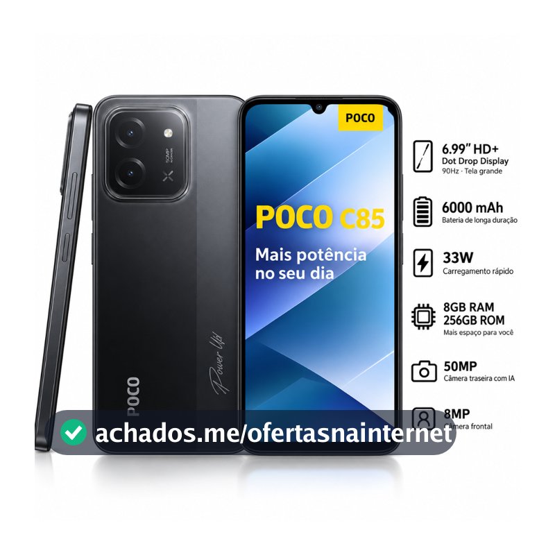 Celular Xiaomi POCO C85 Dual SIM 256GB/8GB Ram/128GB/6GB Resistente 6.9" 120Hz Versao Global Original Lacrado