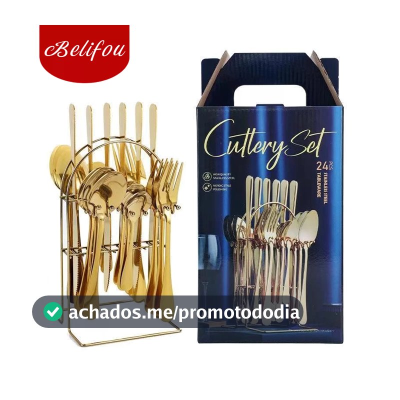 Belifou Kit 24 Conjunto De Talheres De 24 Peças Conjunto De Faca E Garfo Dourado Com Suporte