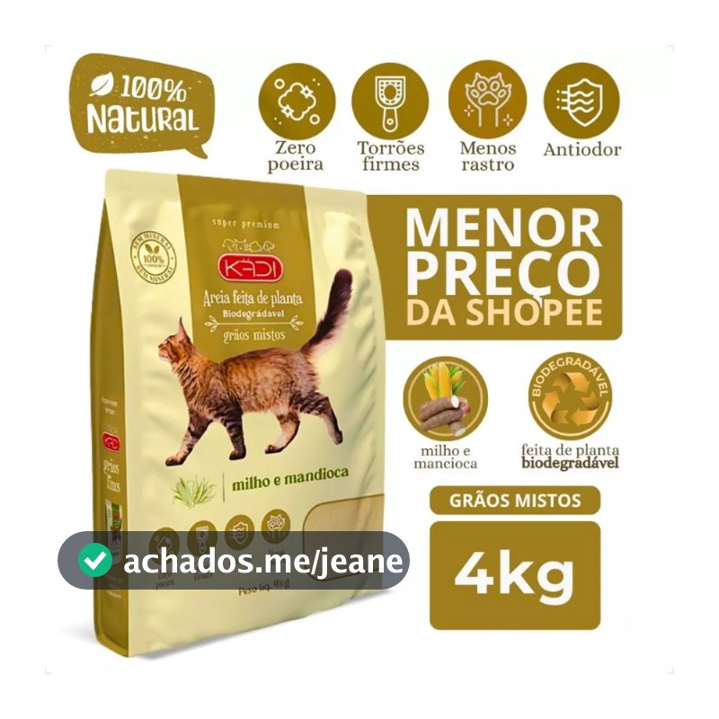 Areia Biodegradável Kadi Grão Misto (fino e grosso) Gato 4kg Milho Mandioca Cat Gatos bio