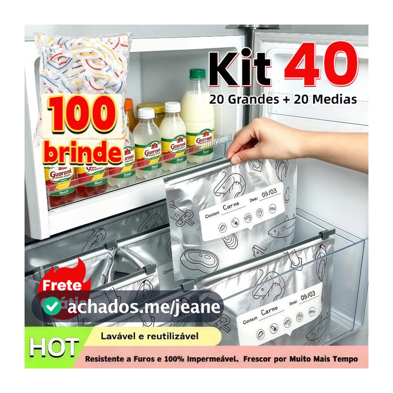 Kit 40 + 100 brindes GRÁTIS Saco Hermético de Alumínio Reutilizável para Conservação de Alimentos, Geladeira e Freezer