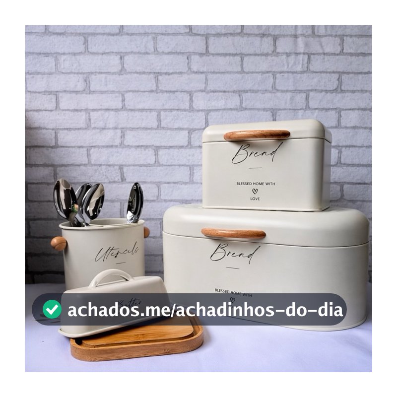 Porta Pão / Manteigueira e porta talheres em metal com Bambu Branco Vintage