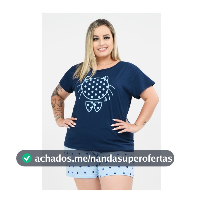 Pijama Feminino Plus Size 100% Algodão Gatinho Bolinha Marinho Manga Curta BeBlast