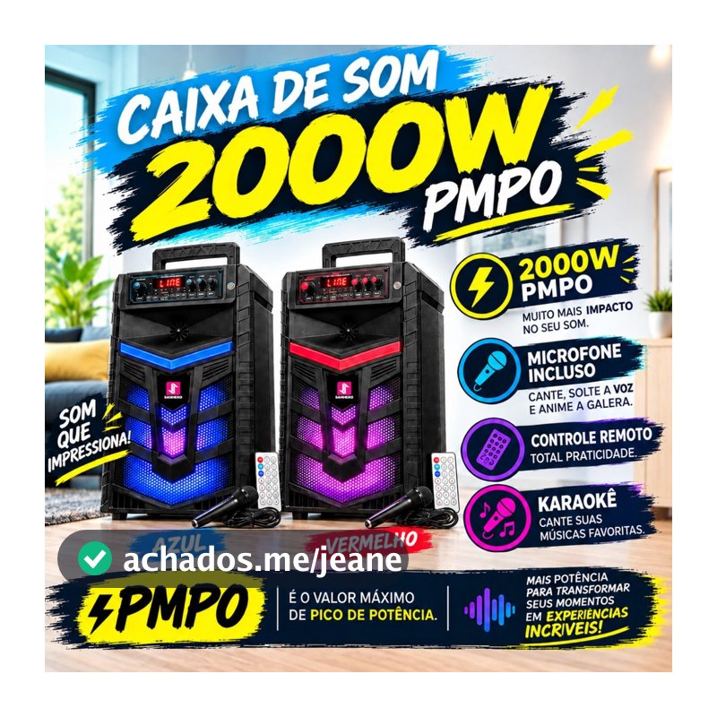 CAIXA DE SOM 2000W COM MICROFONE E CONTROLE REMOTO - FUNÇÕES KARAOKE E BLUETOOTH