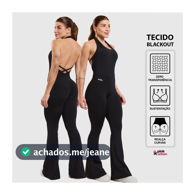 Macacão Fitness Feminino Flare Costa Nua Trançado Decote U Frente Única Blackout Zero Transparência