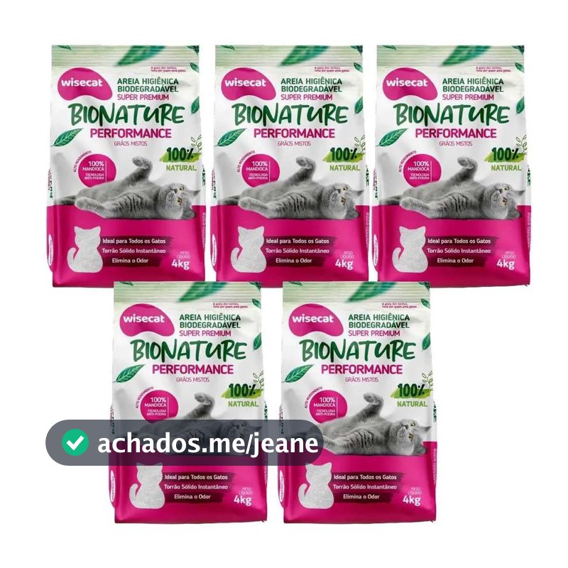 Kit 20kg Areia Biodegradável Para Gatos Wisecat Bionature Performance - 5 Pacotes 4kg