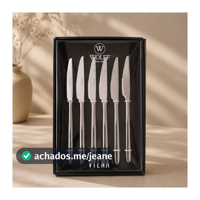 Conjunto 6 Facas para Churrasco Wolff Viena Aço Inox 23 cm Talheres para Carnes Mesa Posta Churrasqueira Almoço e Jantar