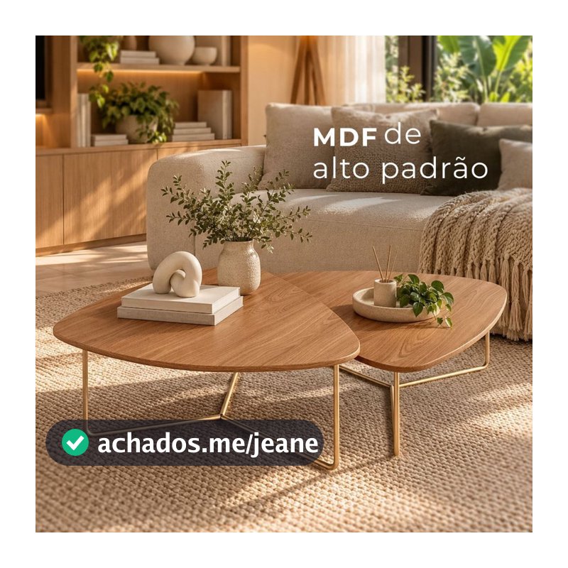 Kit 2 Mesas de Centro Sala de Estar Design Orgânico Madeira MDF Base Metal Dourado ou Preto Moderna