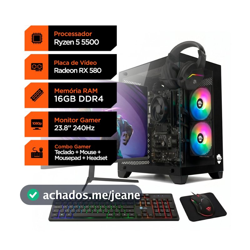 PC Gamer Soldier, Ryzen 5 5500, RX 580 8GB, 16GB DDR4, SSD 240GB + Monitor Superframe 240Hz + Combo Gamer