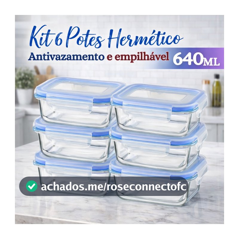 Kit 6 Potes Herméticos Vidro 640ml Retangular Tampa 4 Travas Marmita Freezer Cozinha