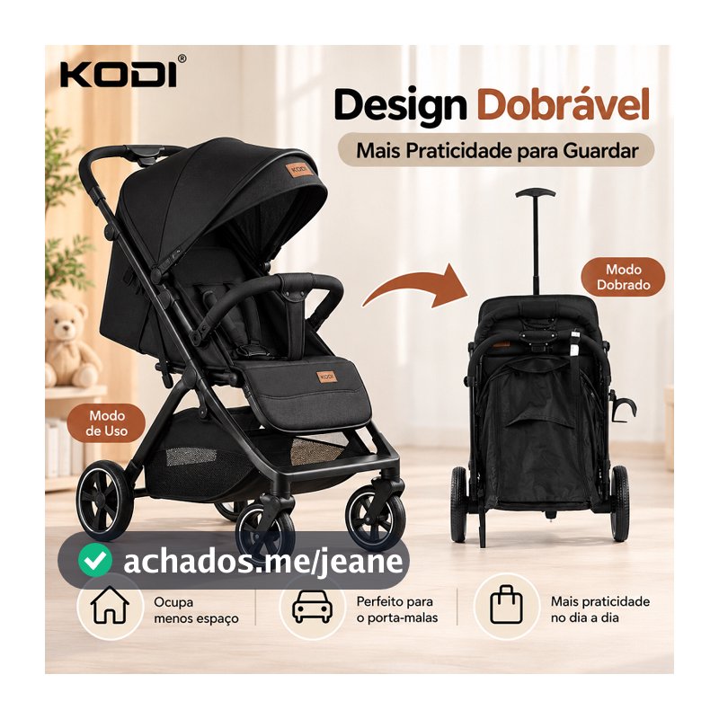 Carrinho de Bebê KODI Dobrável Preto com Capacho e Bolsa de Armazenamento