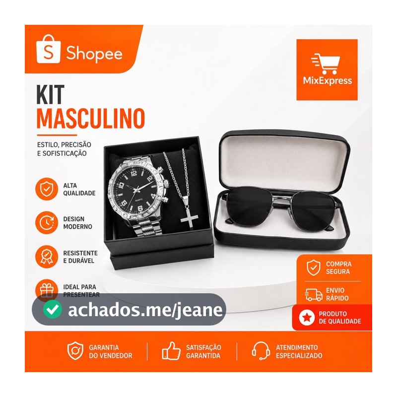 Kit Masculino Luxo Relógio + Óculos de Sol + Corrente com Pingente Cruz | Presente Masculino Completo