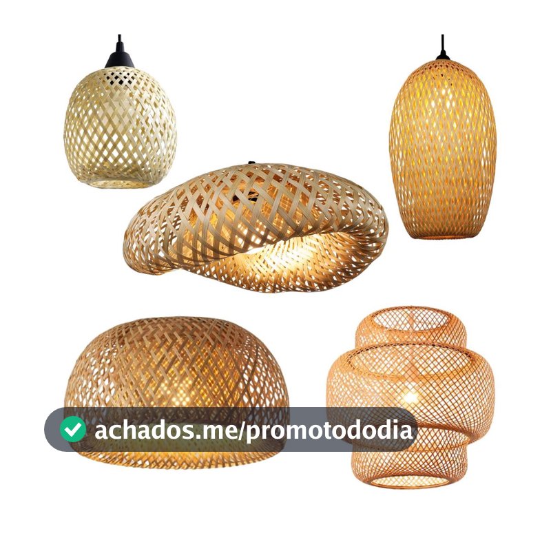 Conjunto Lustres Teto Luminária Pendente Bambu Rattan Rústico Trançado Artesanal Fibra Natural