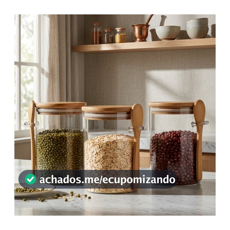 Pote/Colher de Vidro com Tampa de Bambu Grosso c/Colher 900ml Porta Temperos Saleiro