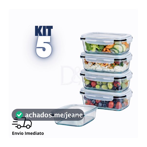 Kit 5 Potes Hermético 620ml de Vidro Marmita com Tampa Kit 5 Freezer Micro-ondas