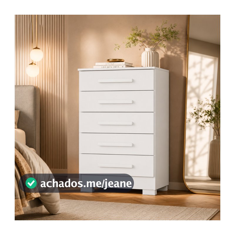 Cômoda MDP 5 Gavetas Branca Com Puxador Para Quarto Decoração Closet Gaveteiro Alto Organizador