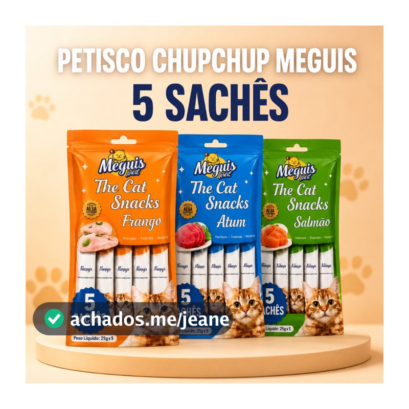 Petisco Cremoso Meguis para Gatos 5 Sachês 15g Frango Atum ou Salmão Cat Snack