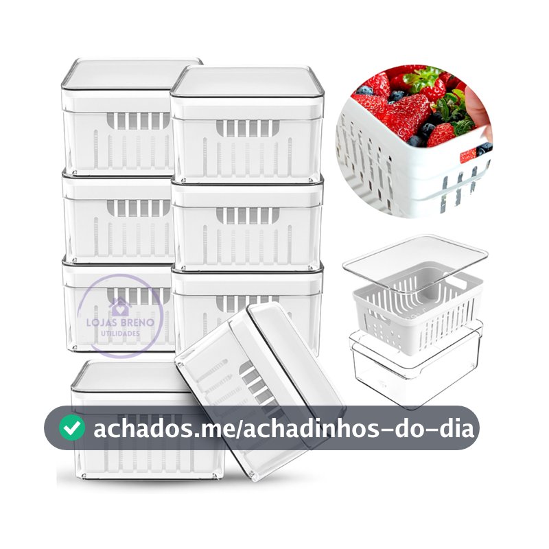 Kit 8 Potes Organizador Geladeira Acrílico com Tampa e Cesto Lavagem 1,36L Verduras Frutas Vegetais
