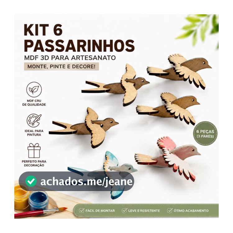 Kit 6 Pássaros MDF 3mm Decorativos Artesanato Pintura Enfeite Jardim Flores Lembrancinha Decoração