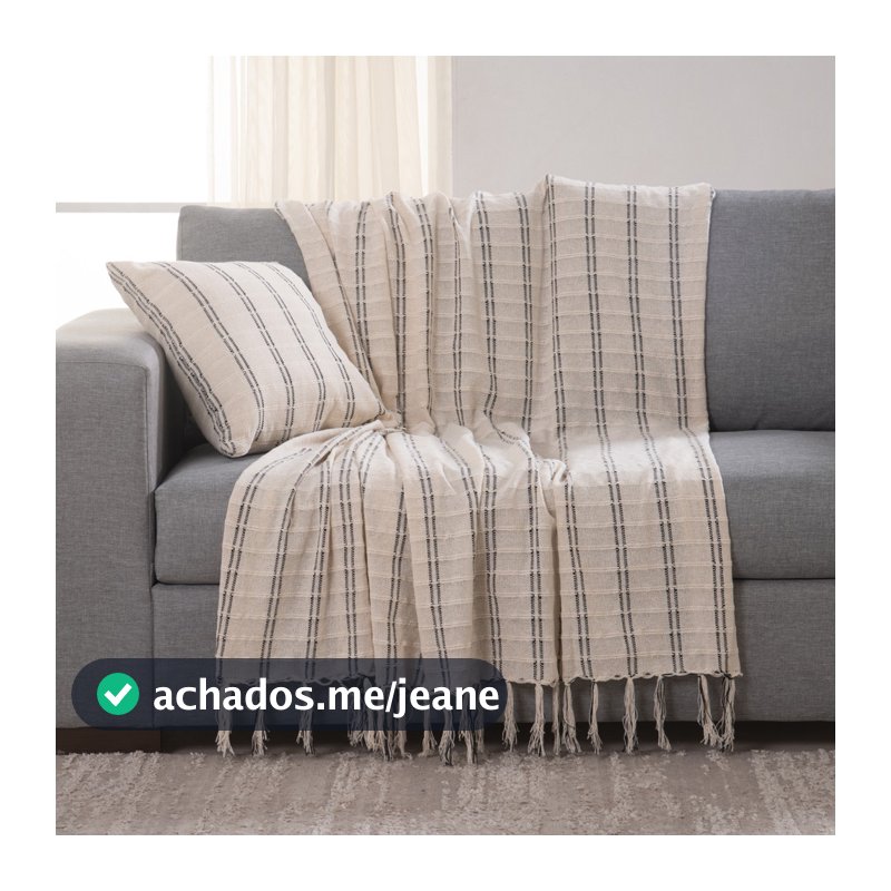 Manta Decorativa Para Sofá Italiana Off White Listrada Preto Algodão