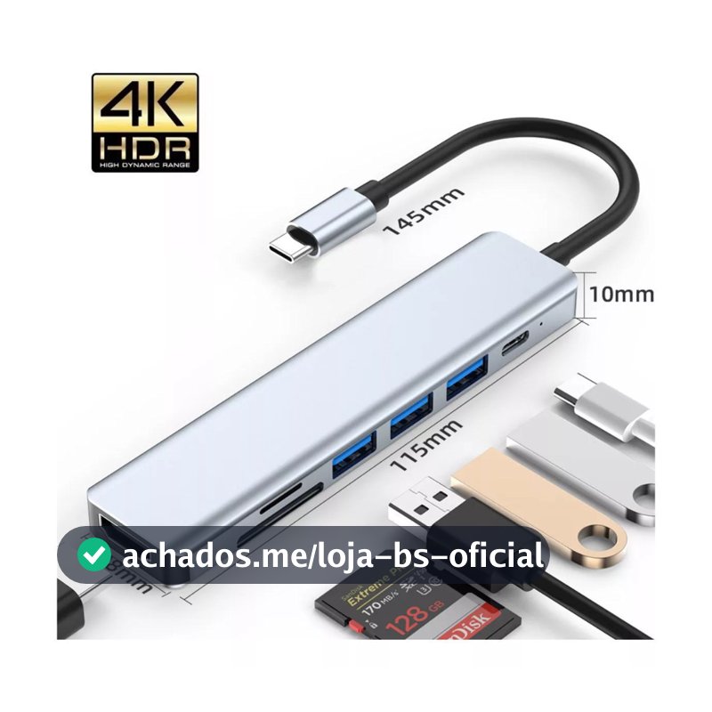 Hub USB-C 8 em 1 HDMI 4K RJ45 USB 3.0 SD TF PD 100W Adaptador Notebook MacBook Celular