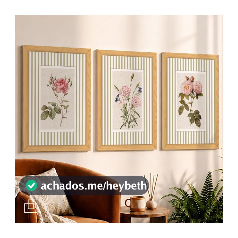 Kit 3 Quadros Decorativos Listrados Decoração Quarto Sala Flores Retrô Vintage Romatico