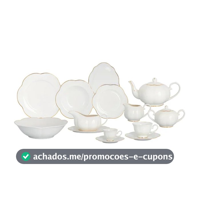 Aparelho de jantar Camélia em new bone china branco com filado dourado 49 peças