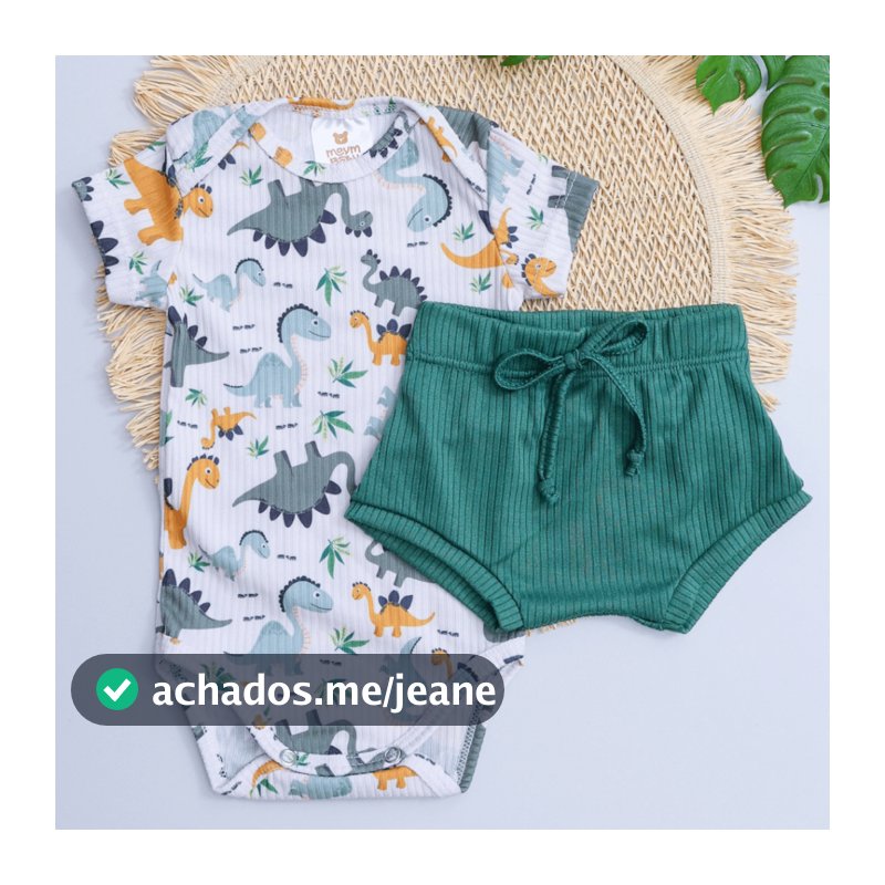 Conjunto Canelado Bebê Verão Fresquinho Menino Menina Body Infantil Estampado Dino e Tapa Fralda Verde