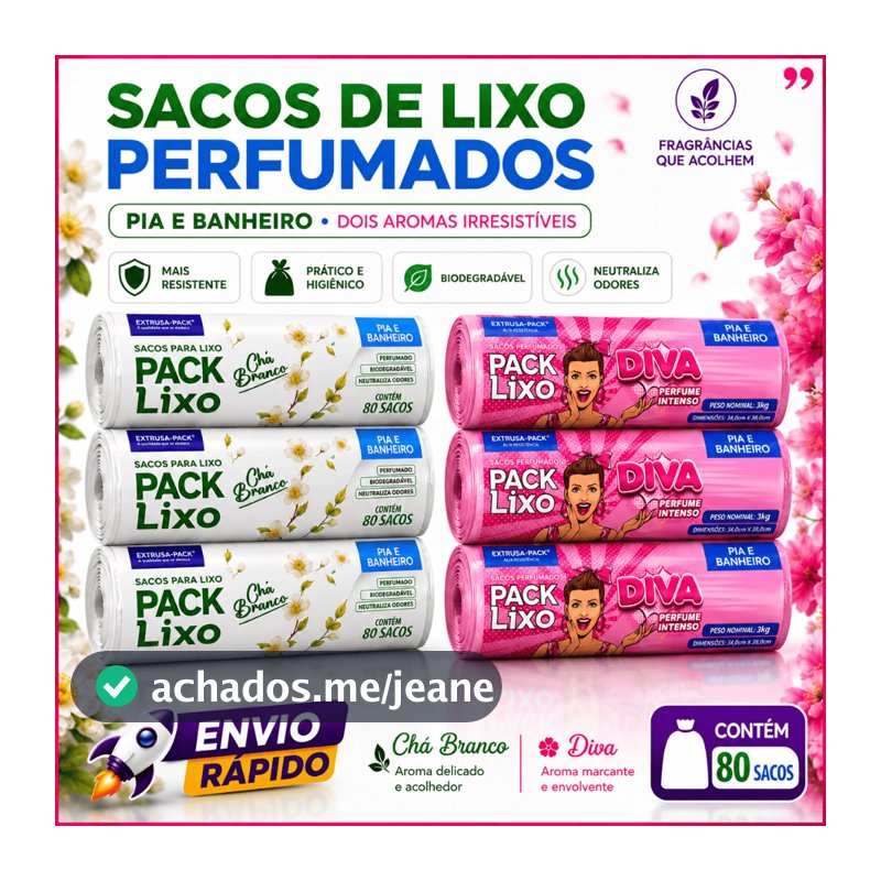 Kit Sacos de Lixo Perfumados para Pia e Banheiro – Chá Branco e Diva