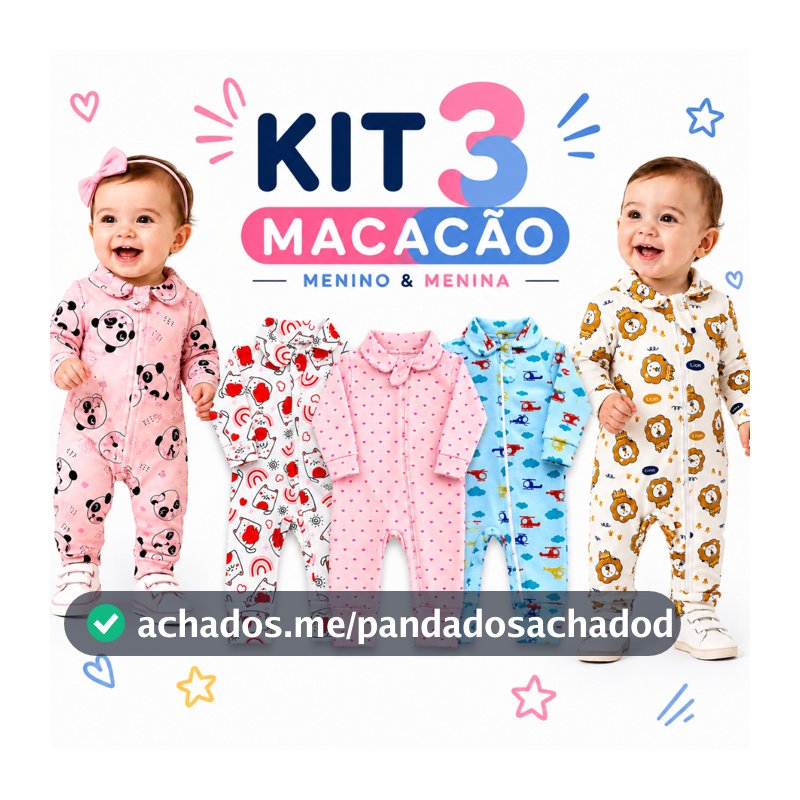 Kit 3 Macacão Longo Bebê Ribana Estampado 100% Algodão com Zíper Menino Menina RN P M G