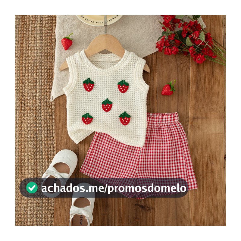 Morango Sem Mangas Topo + Shorts Xadrez Bebê Menina Conjunto De Duas Peças Verão Novas Lindas Roupas Infantis (6 Meses A