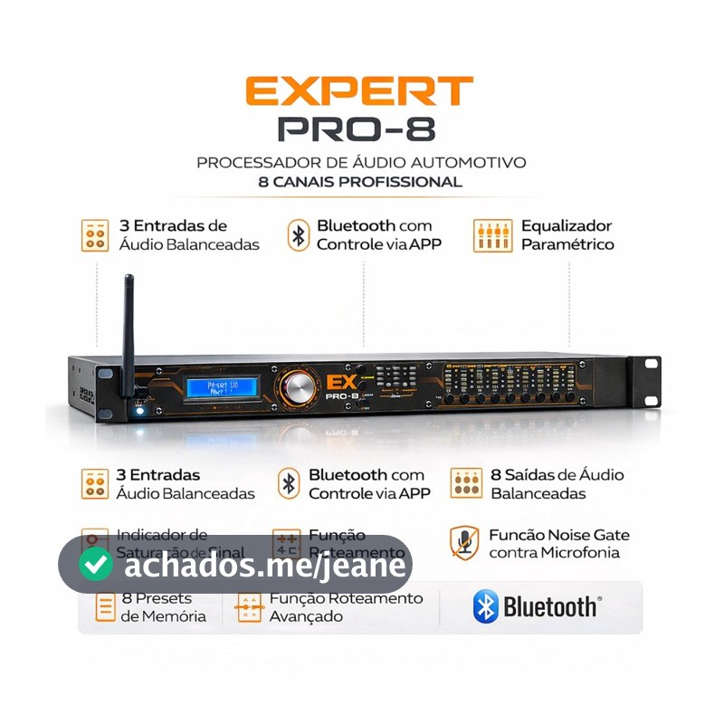 Processador Áudio Automotivo Expert Pro-8 8 Canais Profissional Bluetooth Equalizador Noise Gate Função Roteamento
