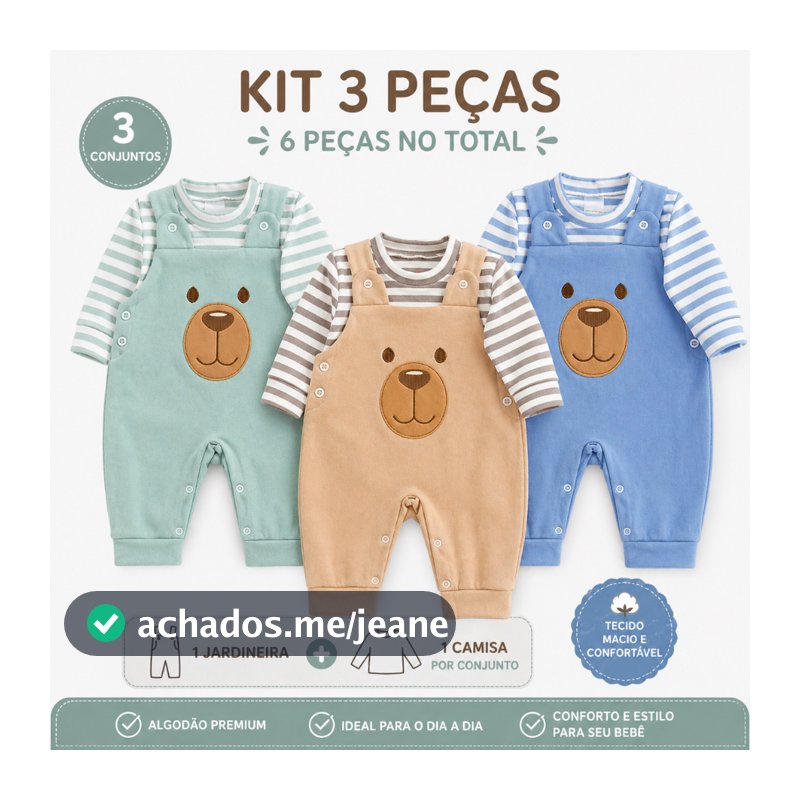 Kit 3 Conjuntos Jardineira Bordada com Camiseta Longa listrada para Bebês Inverno Algodão