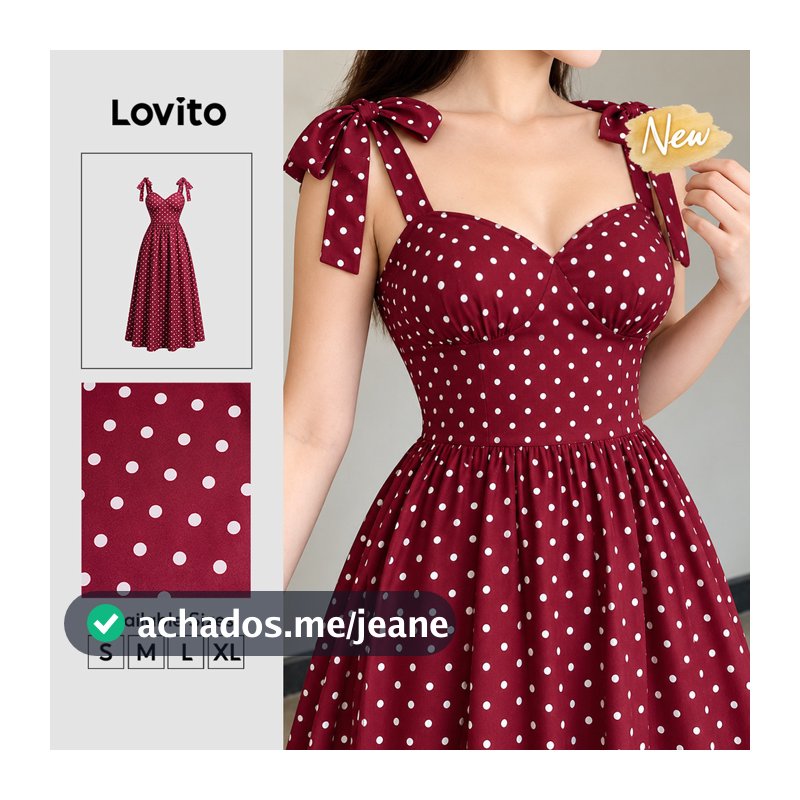 (New Arrival) Lovito Vestido Feminina Longo Evasê Elegante Com Estampa De Bolinhas Vermelhas Zíper E Amarração Nas Costas Para O Natal Fins De Semana E Trabalho Cor: Borgonha DRB40BR274