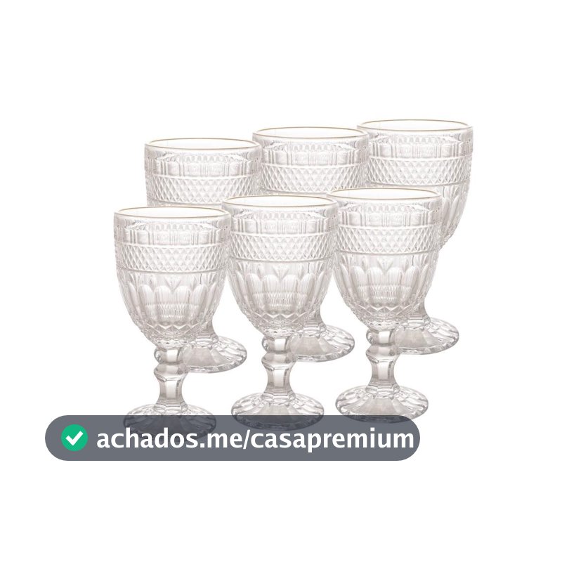 Jogo 6 Taças de Agua Wolff Brand 320ml Vidro com Fio Dourado para Mesa Posta Jantar Café Receber Convidados e Decoração