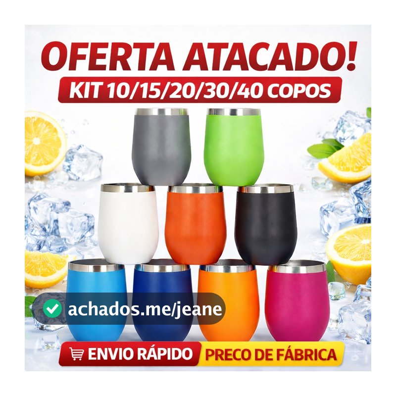 Kit com 10 Copos Térmico 360ML Inox Com Tampa Acrílica Varias Cores
