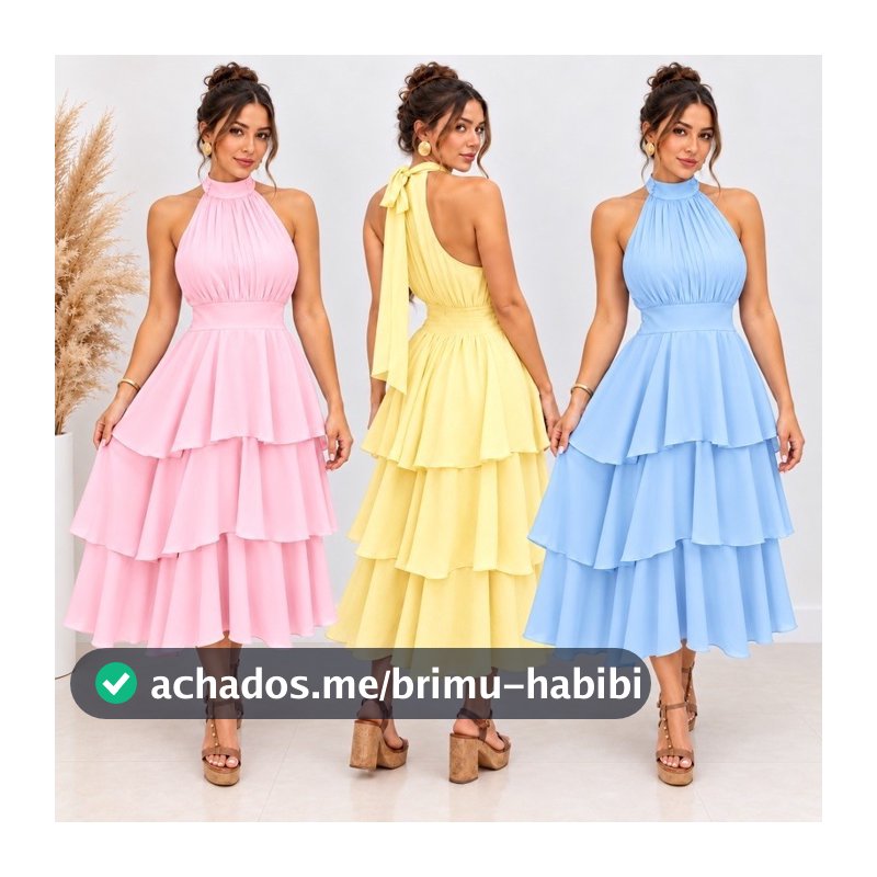 Vestido  Longuete de Festa com Gola Alta e Saia em Camadas en tecido duna