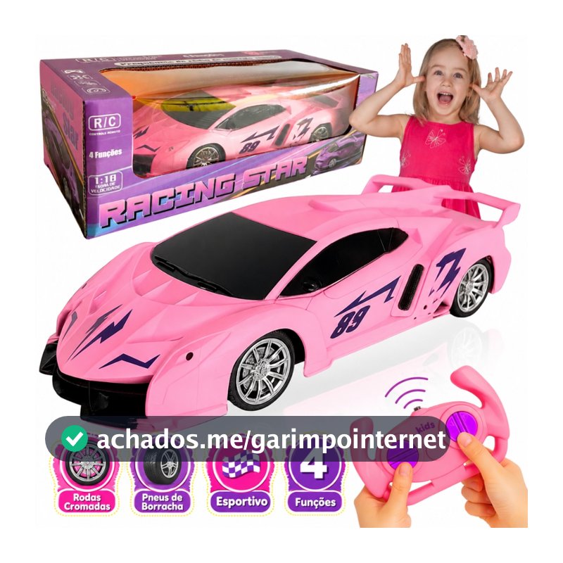 Carrinho de Controle Remoto Rosa com Luz Brinquedo de Menina Infantil 1:18